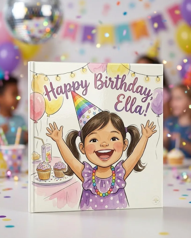 The child reimagined as the illustrated hero on her own personalised storybook cover