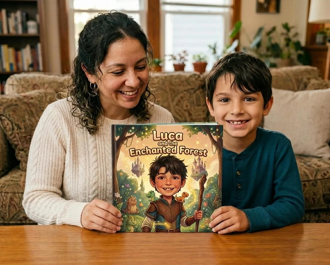A parent and child reading the finished personalised hardcover together