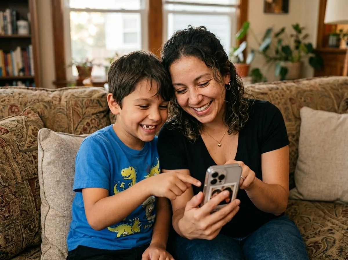 A parent and child sharing a photo on a phone