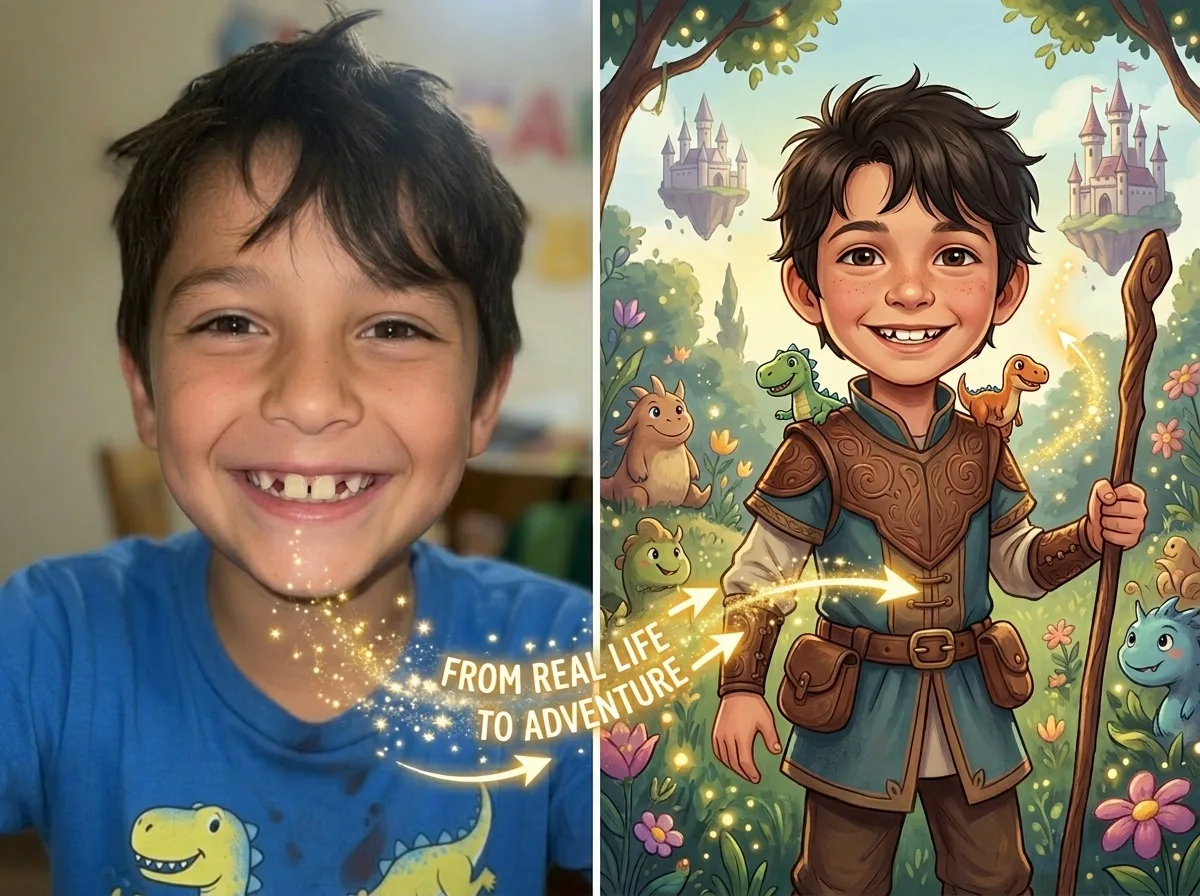 A child reimagined as the illustrated hero of their book
